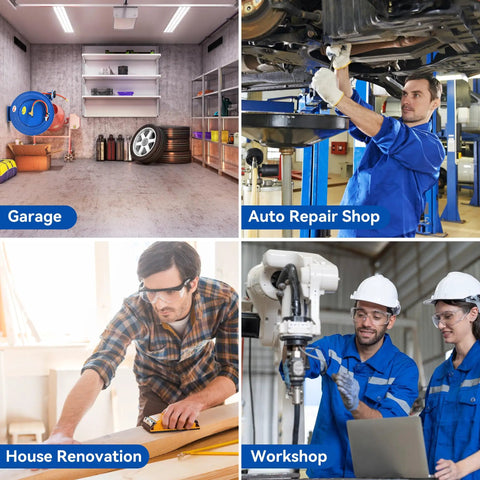 Collage of garage, auto shop, renovation, and workshop scenes with Heavy Duty Welding Hose Reel With Retractable Arm displayed.