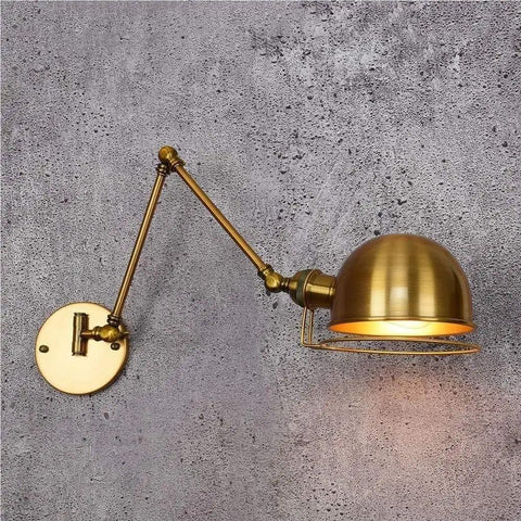 Dope Industrial Telescopic Swing Arm Wall Lamp For Living Room And Loft Vintage Golden Wrought Iron Sconce Adjustable Long Arm E26 E27 Base Creative Decorative Light For Barn Garage Workshop with golden finish on concrete wall.