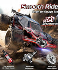 1 By 14 Scale Brushless RC Truck For Adults With 46 MPH Speed 4WD Off Road All Terrain Truggy Waterproof RC Car Built For Real World Races Dual 3S LiPo Batteries Included Tough As Nails Beast On Any Terrain shown in rugged design with shocks and gear differential details