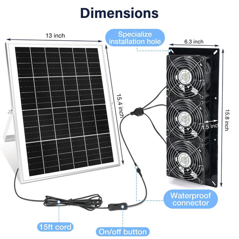 Dimensions of Solar Powered 3 Fan Kit For Outdoor Chicken Coop Greenhouse And Shed Waterproof Air Intake Or Exhaust Fans