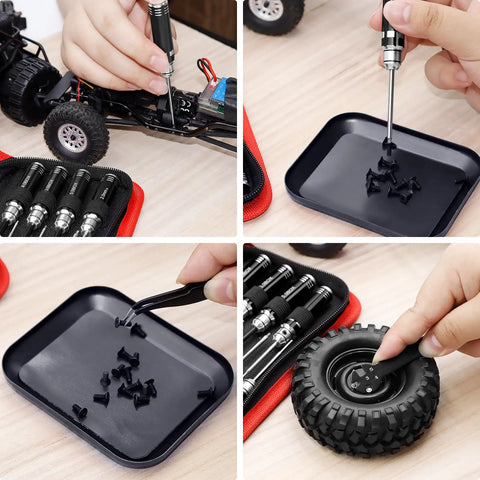 Must-Have Compact 12-Piece RC Tool Kit with short handle, hex drivers, anti-static tweezers, magnetic tray for micro crawlers