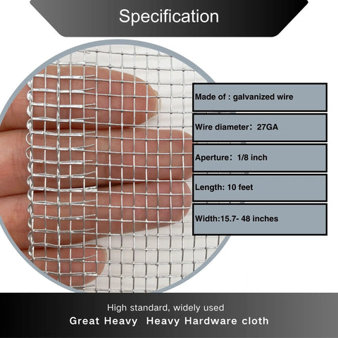 Close-up of One Eighth Inch Galvanized Hardware Cloth Wire Mesh Screen Roll with hand showing 27 gauge and 1/8 inch aperture specifications.