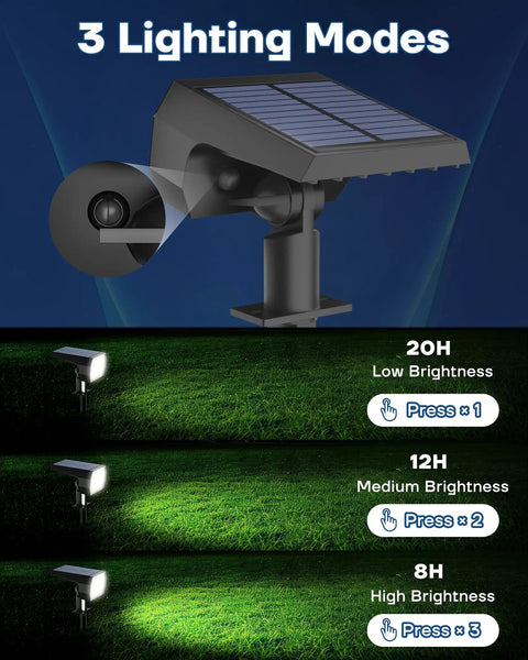 Outdoor Solar Lights IP68 Waterproof with 56 LEDs showing 3 brightness modes for pathway and garden lighting.