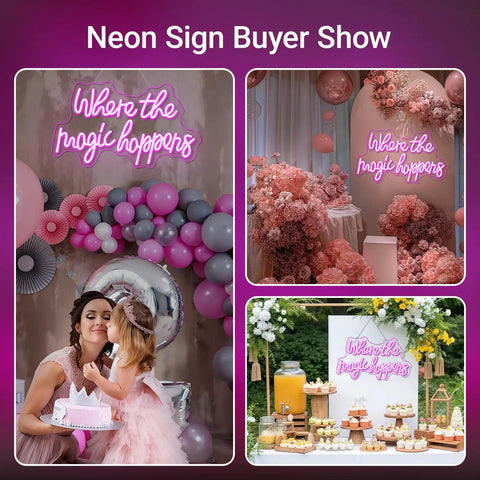Where The Magic Happens Pink Neon Sign LED Word Light For Wall Decor USB Powered Indoor Bedroom Party Bar Man Cave Wedding Birthday Salon Perfect For Home Decor Parties And Late Night Vibes, shown in decorated event settings with balloons and flowers.