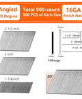 Diagram showing 16G angled finish nails 20 degree, galvanized 900 pack, assorted sizes 1-1/4, 2, 2-1/2 inch with measurements.