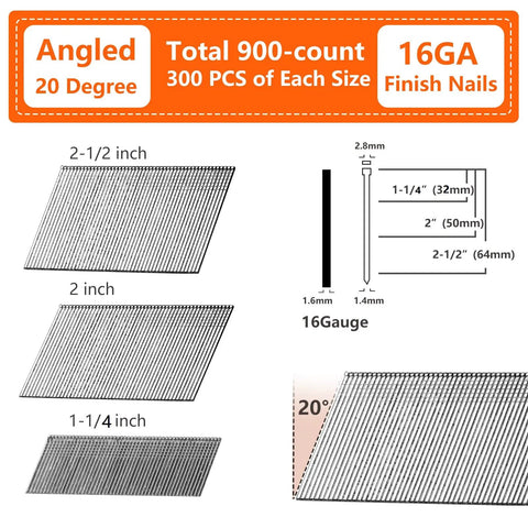 Diagram showing 16G angled finish nails 20 degree, galvanized 900 pack, assorted sizes 1-1/4, 2, 2-1/2 inch with measurements.