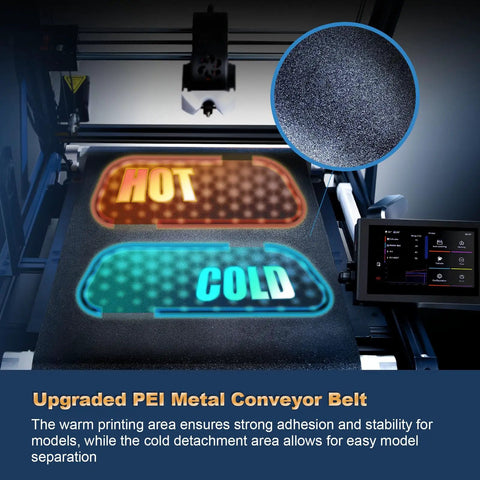 Upgraded PEI metal conveyor belt with hot and cold zones on IR3 V2 Conveyor Belt 3D Printer With Infinite Z Axis Large Format 250x250mm.