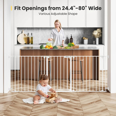Deluxe Walk Through Pet Gate For Stairs And Doorways One Hand Operation Hardware Mounted Extra Wide Opening from 24.6 to 80 inches blocking kitchen