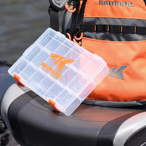 Durable Plastic Tackle Box Set With Removable Dividers For Easy Gear Organization, BPA Free 3600 Tackle Trays on a boat seat.