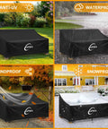 Heavy Duty Patio Sofa Cover For 3-Seat Outdoor Couches Waterproof With UV Guard No Tears No Fading shown in different weather conditions