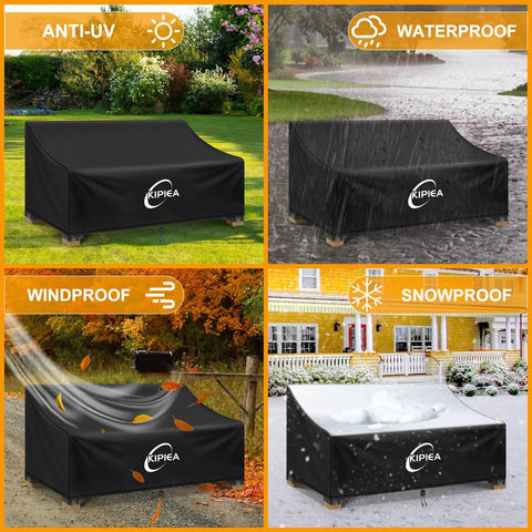 Heavy Duty Patio Sofa Cover For 3-Seat Outdoor Couches Waterproof With UV Guard No Tears No Fading shown in different weather conditions