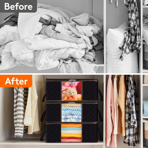 Before-and-after using Six Pack Foldable Clothes Storage Bins With Clear Window And Reinforced Handles Durable Fabric Closet Organizer