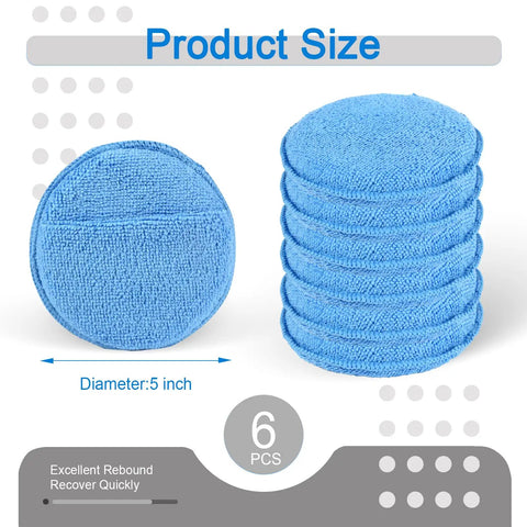 6 Pack 5 Inch Microfiber Wax Applicator Pads With Finger Pocket shown in blue with product size details