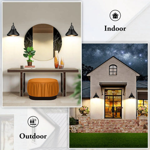 Gooseneck Outdoor Light Fixtures 2-Pack Barn Style Porch Lights, shown indoors and on a house exterior at night