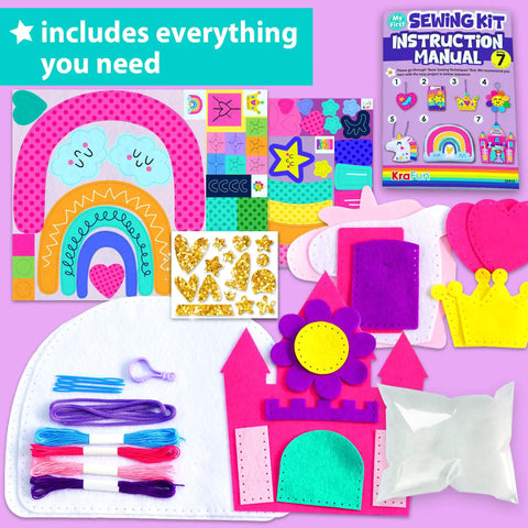 Totally Beginner Friendly Sewing Kit For Kids Ages Five To Eight With Princess And Unicorn Felt Crafts For Girls kit contents