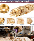 Wear-resistant carbon steel discs from 14 Piece Wood Carving Disc Set for four inch and four and a half inch angle grinders shown.