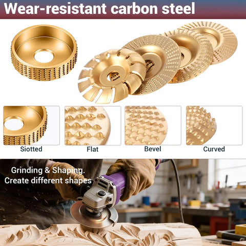 Wear-resistant carbon steel discs from 14 Piece Wood Carving Disc Set for four inch and four and a half inch angle grinders shown.