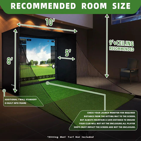 Indoor Golf Simulator Enclosure Kit With Premium HD Impact Screen, 10 x 8 ft cage setup in recommended room size for safety and performance.