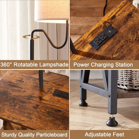 End Table With Built In Lamp And USB Type C Port, Narrow Nightstand With Storage Shelf For Living Room Or Bedroom, Rustic Wood Grain Side Table With Adjustable Lamp Arm, 59 Inch Tall, Bulb Not Included, showing rotatable lampshade, power charging station, sturdy particleboard, and adjustable feet.