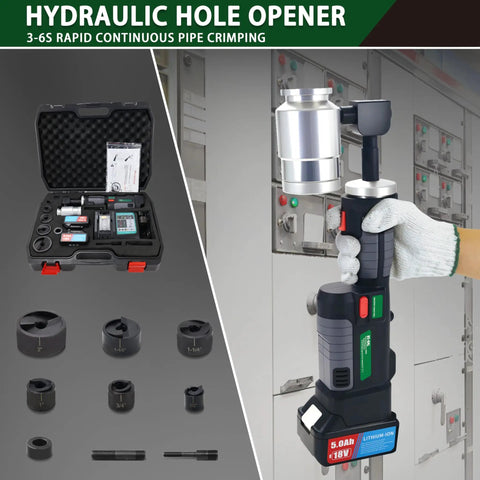 Battery Powered Hydraulic Knockout Punch Kit EZ 8AL with 8 Ton Driver, shown with case, tool in use, and accessories for hole punching.