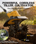Beast Cordless Tiller Cultivator with 800W motor, 8.3" depth, 9" width, and LED display in soil cultivation.