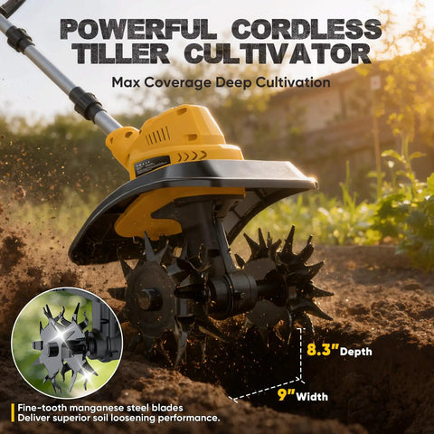 Beast Cordless Tiller Cultivator with 800W motor, 8.3" depth, 9" width, and LED display in soil cultivation.