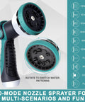 Stainless Steel Garden Hose 100ft With Ten-Mode Spray Nozzle showing nozzle with pattern options for outdoor watering.