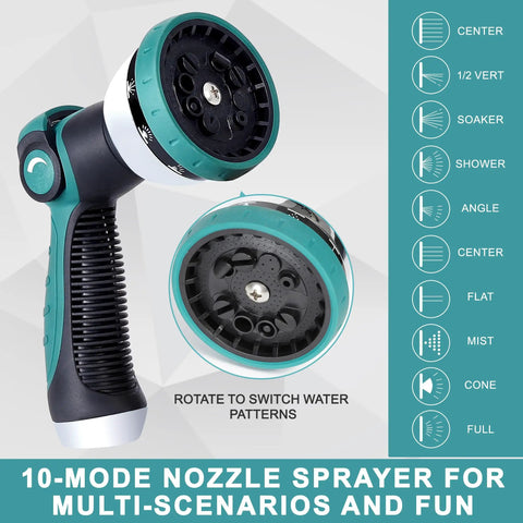 Stainless Steel Garden Hose 100ft With Ten-Mode Spray Nozzle showing nozzle with pattern options for outdoor watering.