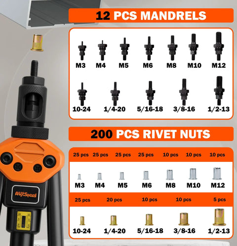 Heavy Duty Rivet Nut Tool Kit With 16 Inch Rivet Gun Including 12 Interchangeable Mandrels And 200 Rivet Nuts For Metal Wood Auto Projects Rugged Carry Case Labor Saving Hand Riveter showing mandrels and rivet nuts