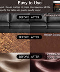 Before and after images showing effects of Leather Recoloring Balm And Color Restorer For Couches Car Seats And Shoes.