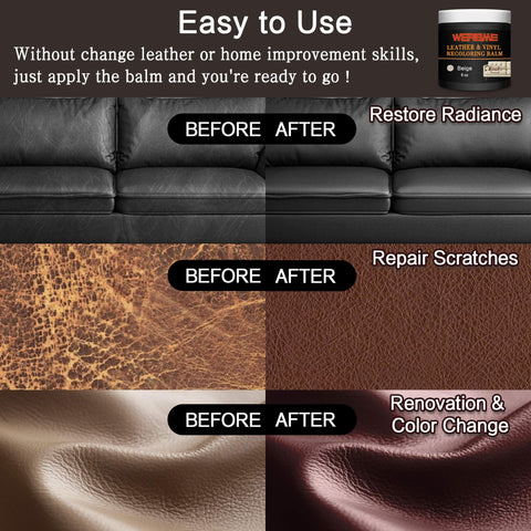 Before and after images showing effects of Leather Recoloring Balm And Color Restorer For Couches Car Seats And Shoes.