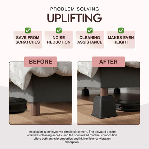 Image showing before and after using Stackable Bed Risers Set For Adjustable 3 Inch And 5 Inch Heights Up To 1,300 Lbs Capacity.