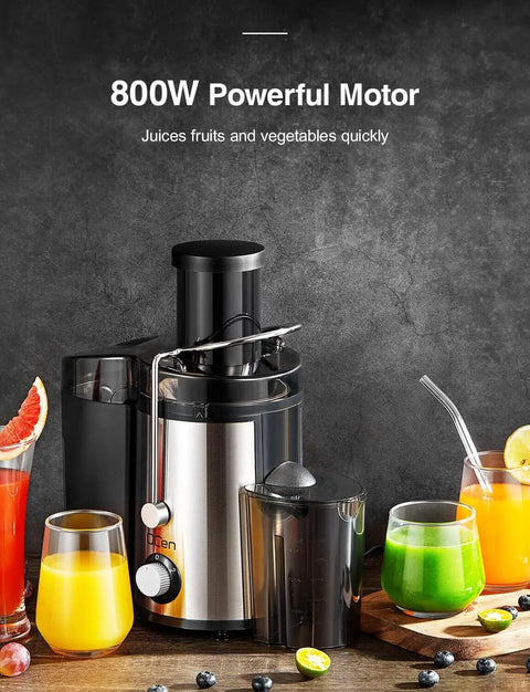 Powerful 800W centrifugal juicer with wide 3 inch feed chute, stainless steel body, black finish, BPA free, easy clean, shown with juices.