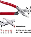 Nine Inch Heavy Duty Leather Hole Punch Tool with Six Hole Sizes 1.5mm Through 5mm, red handle, rotary punch heads visible