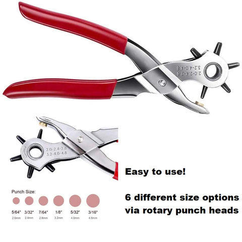 Nine Inch Heavy Duty Leather Hole Punch Tool with Six Hole Sizes 1.5mm Through 5mm, red handle, rotary punch heads visible