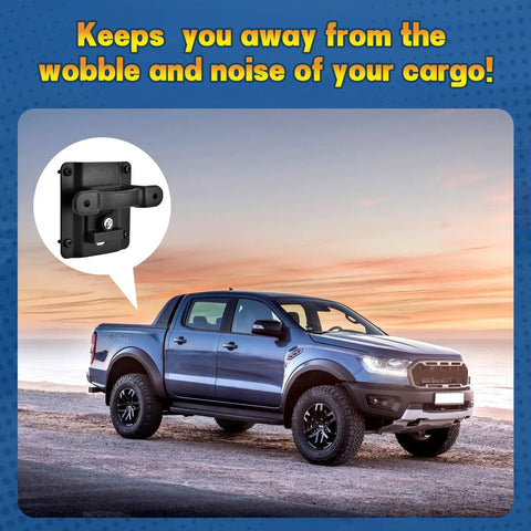 Top Shelf Rock Solid Bed Tie Down Anchors Box Link Bracket Kit With Keyed Locking Plates And Die Cast Zinc Housing For Ford F150 F250 F350 Raptor 2015 To 2022 displayed on a Ford Raptor truck with scenic background.