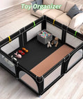 Black Big Baby Playpen 71x59 Inch With Gate No Fuss, Sturdy Infant Playard, soft mesh, toy organizer, indoor living room setup.