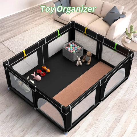 Black Big Baby Playpen 71x59 Inch With Gate No Fuss, Sturdy Infant Playard, soft mesh, toy organizer, indoor living room setup.