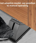 Foot pressing on Heavy Duty Door Stopper With Spring Design underneath a wooden door.