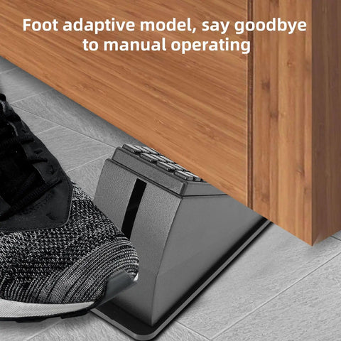 Foot pressing on Heavy Duty Door Stopper With Spring Design underneath a wooden door.