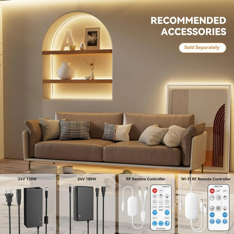 Interior with sofa and recommended accessories for Ultra Bright 40ft COB LED Strip Lights 504 LEDs/m Warm White 3000K CRI90