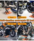Beefy 1100Lb Motorcycle Lift Jack With Wide Deck And Safety Pin, holding various motorcycles and ATVs in multiple scenarios.