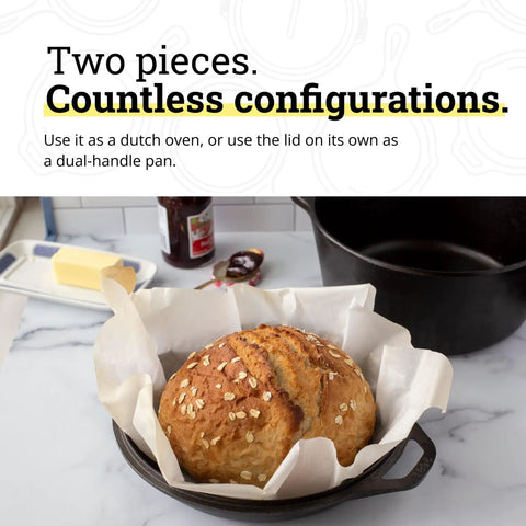 Fresh bread in a versatile five quart cast iron double Dutch oven and skillet pot, showcasing oven-safe design for baking.