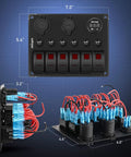 Six Gang Rocker Switch Panel With Red Backlit 12V 24V LED Voltmeter, Dual USB Charger 3.1A front and back view with wiring