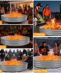 Collage of Beefy 48 Inch Fire Pit Ring Built From 0.8mm Galvanized Steel in various settings: party, barbecue, camping, beach, bonfire party.