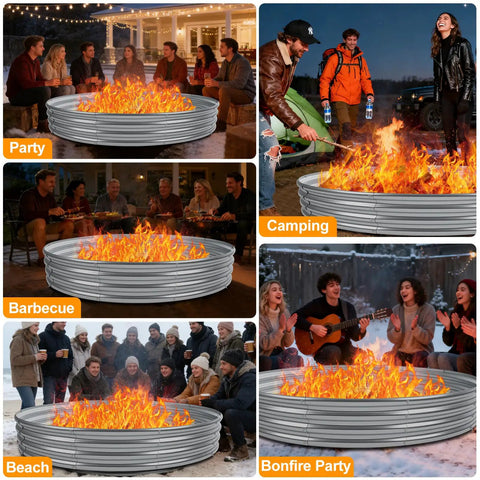 Collage of Beefy 48 Inch Fire Pit Ring Built From 0.8mm Galvanized Steel in various settings: party, barbecue, camping, beach, bonfire party.