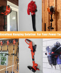 Heavy Duty Power Tool Hanger And Weedeater Rack For Garage Storage Two Pack With Wall Hooks And String Trimmer Holder Up To 55 Lb Capacity Easy Install Tool Organizer For Home Shop holding various tools.