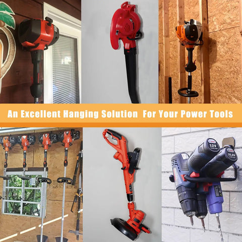 Various tools displayed hanging on walls using Four Pack Weed Trimmer Hanger Set With Stainless Steel Screws And Anchors.