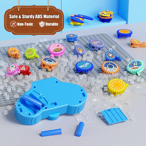 Space Capsule STEM Gear Toy Set For Kids 3 Plus 18 Colorful Gears on table with manual and electric components displayed