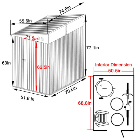 Diagram of 4x6 Ft Metal Outdoor Lean To Storage Shed With Lockable Door, showing dimensions and interior layout for backyard use.